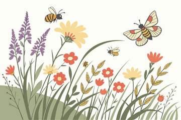 A field of wildflowers blooming in spring, bees flying and butterflies dancing in the air.