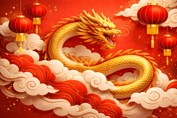 Golden Dragon and Lanterns: A majestic golden dragon, symbolizing power and good fortune, is surrounded by traditional red lanterns and stylized clouds.