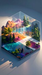 Miniature landscape enclosed in a transparent geometric cube