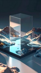 Cubic glass structure hovers over a mountainous, snowy landscape