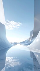 Serene, futuristic landscape with flowing white structures, water, and sky