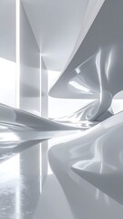 Futuristic all-white flowing architectural space with bright light