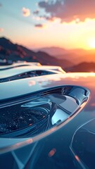 A detailed view of a car's hood reflecting a sunset over mountains