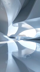 Interior, futuristic structure with curved lines, light, and reflective surface