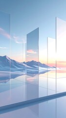 Abstract landscape with mirrored panes reflecting a mountain range sunset