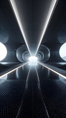 Futuristic tunnel with bright lights and reflective surface