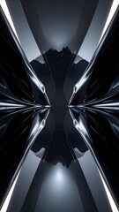 Symmetrical dark reflections. Abstract image, mirrored shapes, cool light