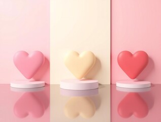 Three heart shaped objects on pedestals with soft pastel background and reflection