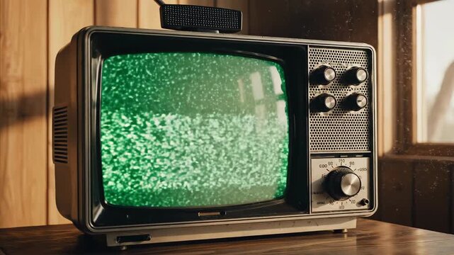 Vintage Television Displaying Green Static on Wooden Table in Cozy Room