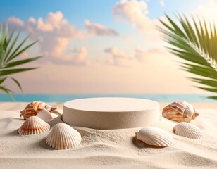 Beach scene with pedestal, seashells, palm fronds, and tranquil seascape