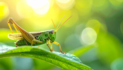Close up shot of a grasshopper on a leaf with green nature blurred background;