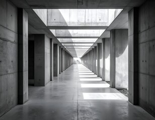 Long, empty corridor with sunlight streaming through the ceiling