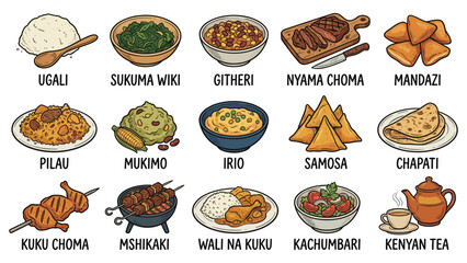 Assorted traditional Kenyan dishes beautifully presented on a vibrant table setting