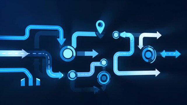 Abstract Neon Blue Arrows Forming Paths And Flowcharts On Dark Background Animation