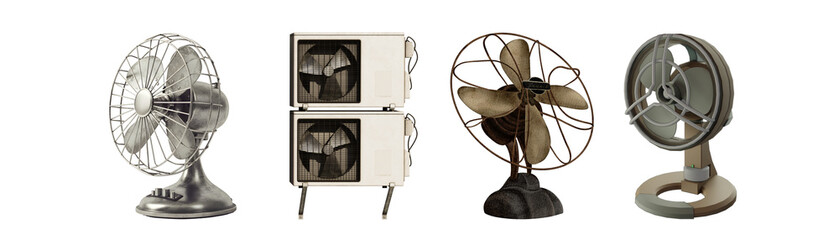a detailed collection of various vintage and modern electric cooling fans, showcasing different designs and eras.