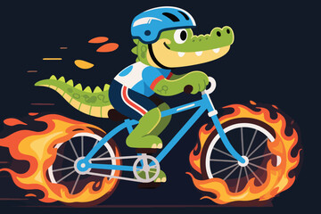 Obraz premium Cartoon alligator riding bicycle with flaming wheels in blue racing outfit and helmet on dark background.