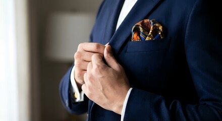 Man adjusting navy suit with patterned pocket square