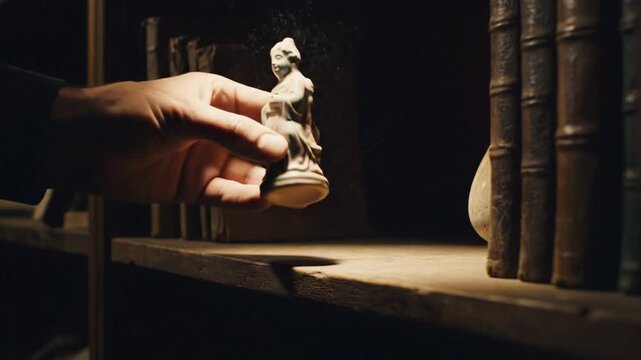 Business closure Hand picking up antique figurine from dusty bookshelf