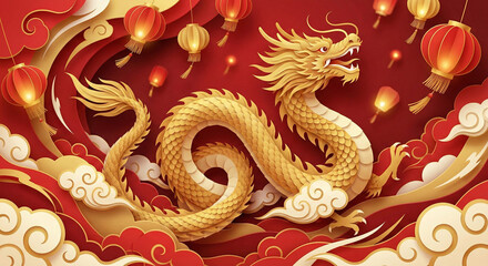 Obraz premium Golden Dragon Ascends: A majestic golden dragon, symbolizing power and prosperity, soars amidst auspicious clouds and vibrant red lanterns, a timeless emblem of celebration and good fortune.