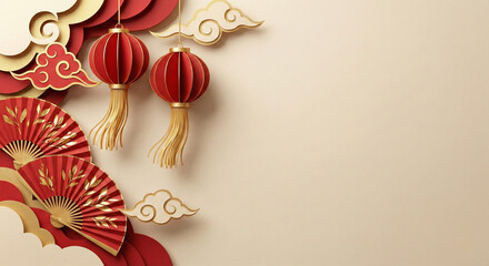 Celebratory Festival Decorations: A vibrant and colorful assortment of festive decorations, including intricately designed lanterns, ornate fans, and delicate cloud motifs.