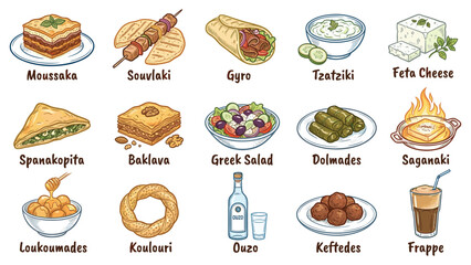 Assorted Greek cuisine delicacies and beverages displayed on a clean white background