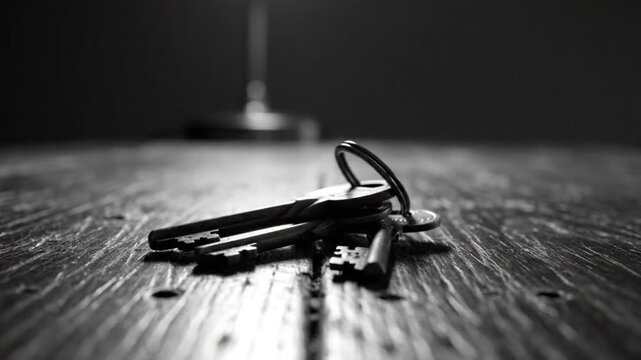 Business closure Hand dropping keys onto old wooden table