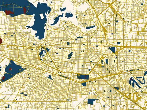Poster-style map of Toluca, Mexico using dark red water and warm gold roads