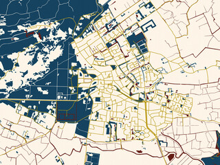 Fototapeta premium Abstract city map of Bergen, Netherlands with dark red water and warm gold roads