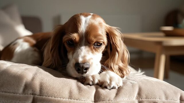 Adorable Cavalier King Charles Spaniel Puppy Napping on a Cozy Pillow in Soft Sunlight