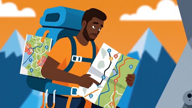 Adventurous Climber Ascending A Mountain While Consulting Route Map Illustration Sequence