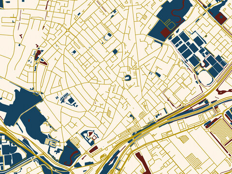 Decorative abstract map of Beverwijk, Netherlands, featuring minimal ivory map base with golden roads and dark red water bodies in a modern flat style