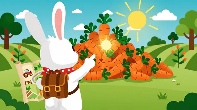 Adventurous Easter Bunny Cartoon Navigating Carrot Fields With a Treasure Map and Backpack