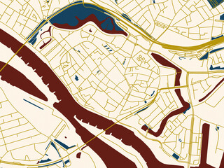 Obraz premium Flat city map of Deventer Centrum, Netherlands — rich red water shapes with ivory land and golden street network accents