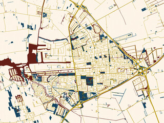 Flat city map of Drachten, Netherlands in gold street network with deep red water