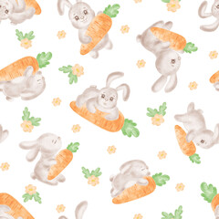 Fototapeta premium Cute bunnies and carrots with top watercolor seamless pattern for kids design. Funny rabbits illustration for baby themes. Hand-drawn ornament of little animals easter hares for textile, wallpaper.