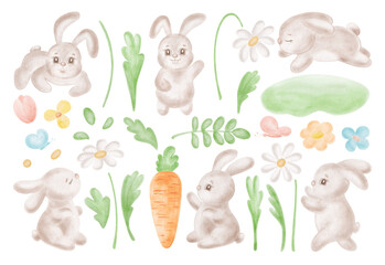 Naklejka premium Set of cute bunnies with carrot, flowers and leaves watercolor illustrations for kids design. Funny rabbits drawing for baby themes. Hand-drawn isolated clip art of little animal easter hare for card.