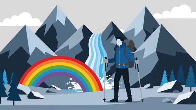 Adventurous Hiker Crosses Mountain Scenery with Waterfall and Rainbow Animated Loop Video