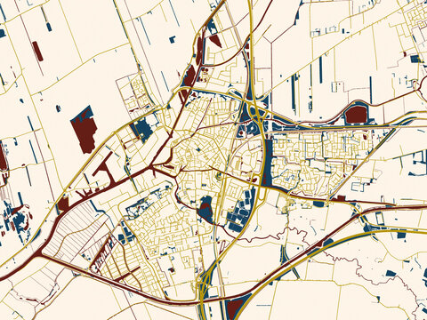 Abstract city map of Meppel, Netherlands with midnight red and gold palette