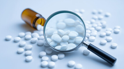 Medicine Pills Under Magnifying Glass. Pharmaceutical Research Concept