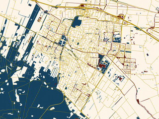 Fototapeta premium Flat city map of Veenendaal, Netherlands in dark red water and warm gold roads