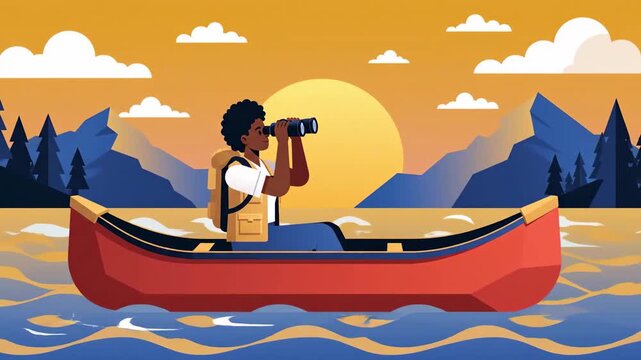Adventurous Journey On The Lake With Canoe And Binoculars At Sunset In A Colorful Landscape