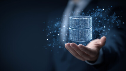 Cloud database and data storage concept. Businessperson, network structure and database icon.  