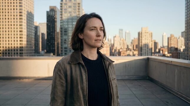 Woman on rooftop terrace with city skyline backdrop