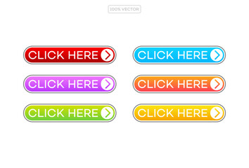 Click here web buttons with hand cursor. Set of action button click here with arrow pointer. Click button.