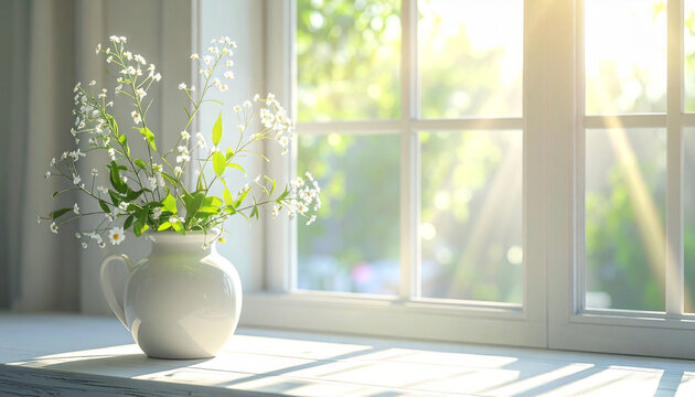 爽やかな太陽の光が射しこむ窓辺（植物のあるイメージカット）