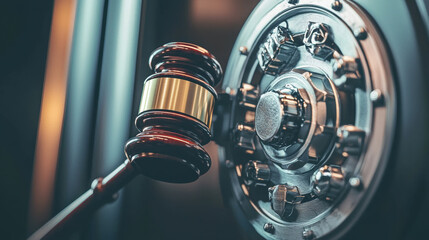 Authority in financial law represented by judge gavel and safe lock symbolizing security and legal protection in finance