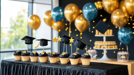 Graduation cupcakes with black frosting and star decorations on table with gold and blue balloons creating festive celebration atmosphere