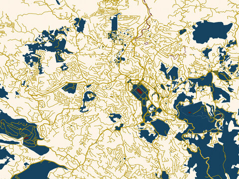 Modern graphic street map of Baguio, Philippines, with warm gold street grid over a cream background with bold deep-red water areas