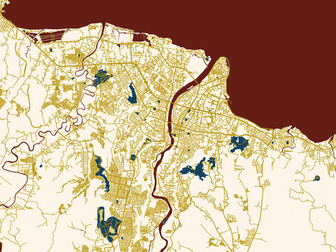 Flat city map of Cagayan de Oro, Philippines &mdash; minimal ivory map base with golden roads and dark red water bodies in a modern flat style