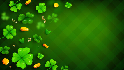 Naklejka premium Happy St Patrick day holiday background with shamrock clover and leprechaun gold coins, vector banner. Saint Patrick Irish holiday background with plaid pattern and splash of shamrock clovers